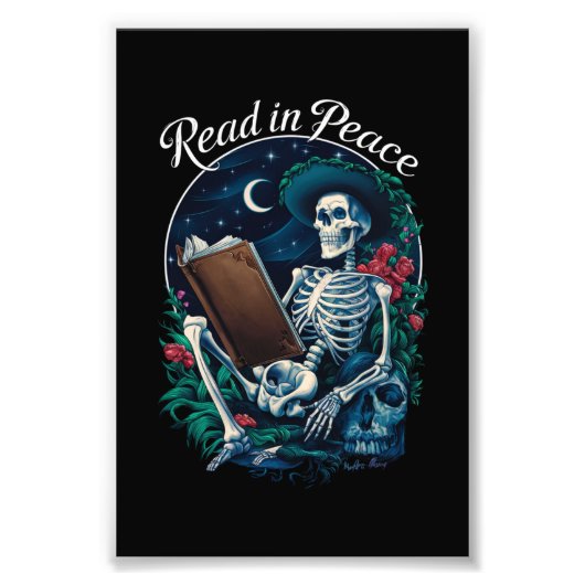 Lees in Vrede Skeleton Leesboek Lover Bookish Foto Afdruk (Voorkant)