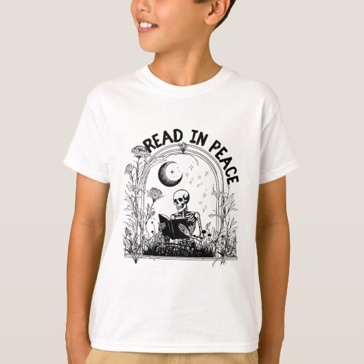 Lees in Vrede Spooky Teacher Skeleton Lees boek Ha T-shirt (Voorkant)