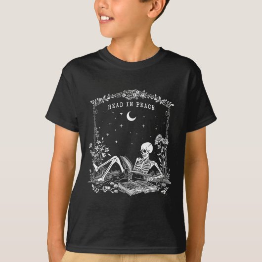 Lees in Vrede Spooky Teacher Skeleton Trick Teach T-shirt (Voorkant)
