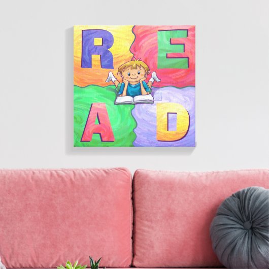 LEES jongen die kleurrijk omgepakt canvas leest (Insitu (Woonkamer))