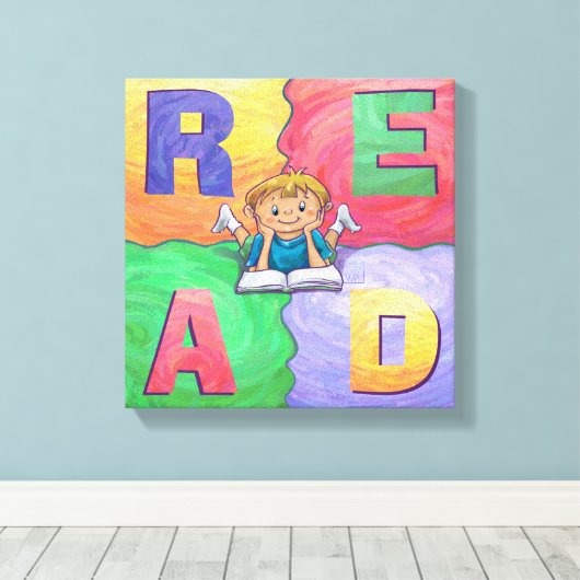 LEES jongen die kleurrijk omgepakt canvas leest (Insitu (Houten vloer))