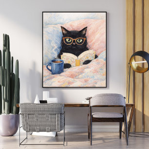 lees kat illustratie   zwarte kat kunst   knus poster