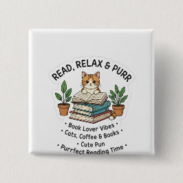 Lees, Ontspan & Snurren – Knuffelkat Met Boeken St Vierkante Button 5,1 Cm