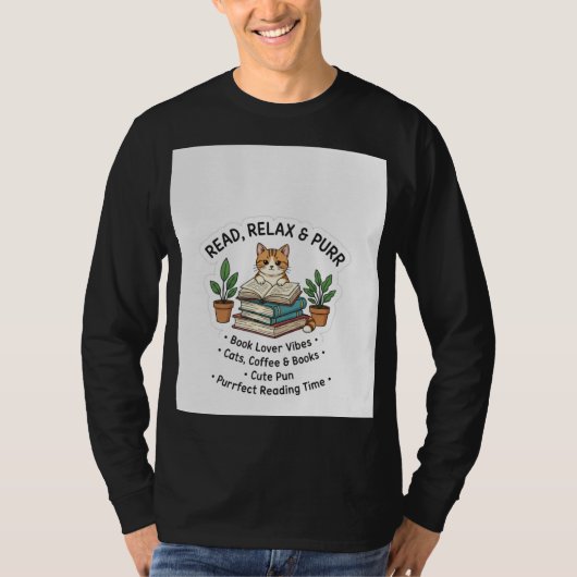 Lees, ontspan & spinnende kat lees T-shirt | Boekl (Voorkant)