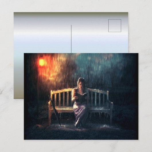 Leesboek vrouw in regen briefkaart (Voorkant / Achterkant)