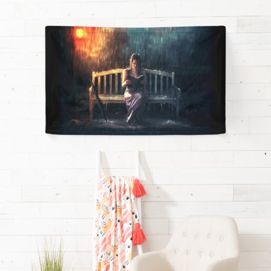 Leesboek vrouw in regen spandoek (Insitu)