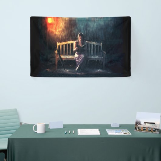 Leesboek vrouw in regen spandoek (Beurs)