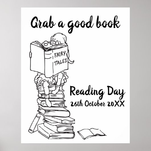 Leesdag lezen op schoolboeken poster (Voorkant)