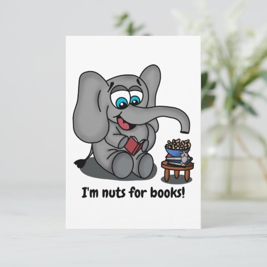 Leesend Elephant: Ik ben Nuts for Books Save The Date (Staand voorkant)