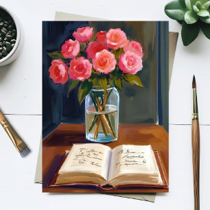 Leeshoek Roze Roos Bloemstuk Waterverf Briefkaart