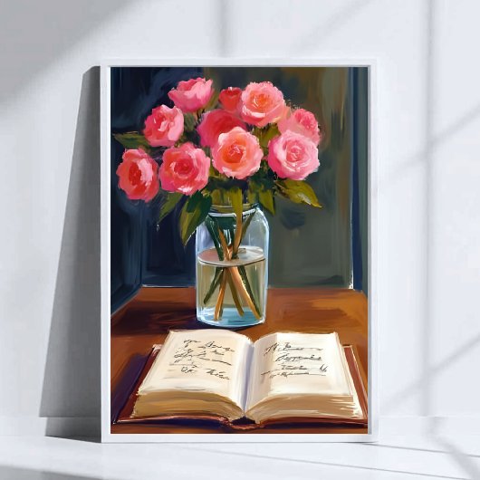Leeshoek Roze Roos Bloemstuk Waterverf Poster