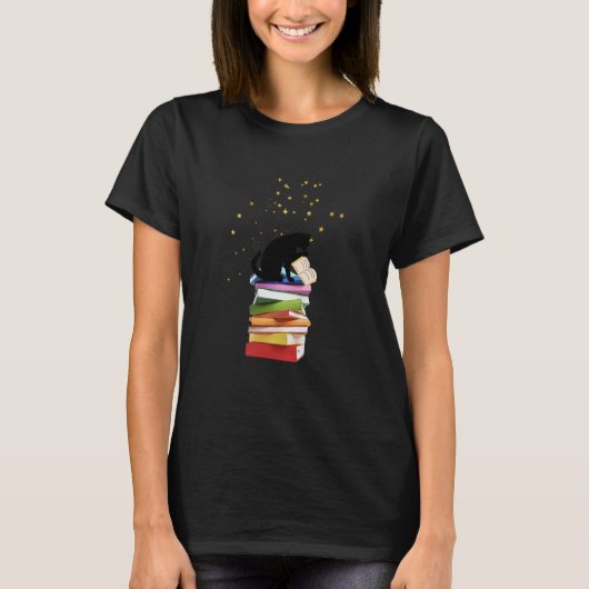 Leeskat op stapel boeken t-shirt (Voorkant)