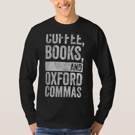 Leeslezer Coffee Books en Oxford Commas T-shirt (Voorkant)
