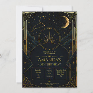 Leeuw 40e verjaardagsuitnodiging | Art Deco Zodiac Kaart