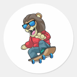 Leeuw als Skater met skateboard Ronde Sticker