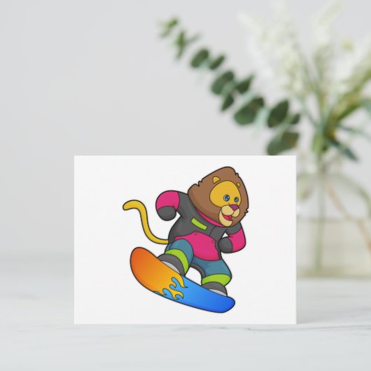 Leeuw als snowboarder met snowboard briefkaart (Staand voorkant)