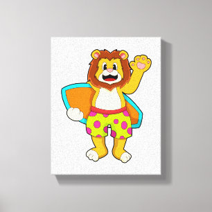 Leeuw als Surfer met surfboard Canvas Afdruk