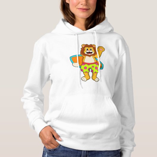 Leeuw als Surfer met surfboard Hoodie (Voorkant)