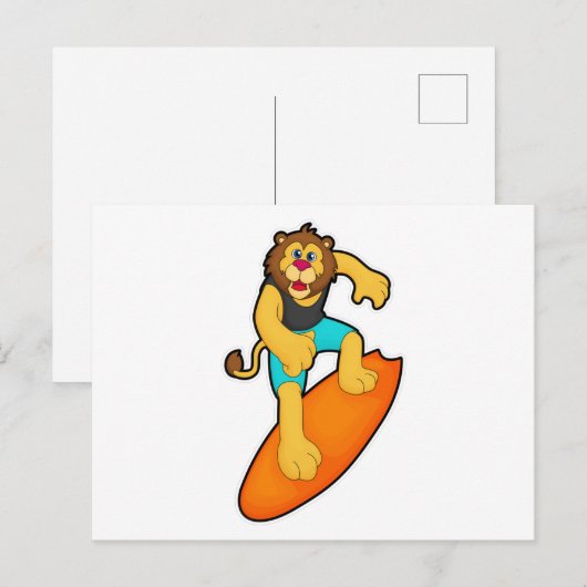 Leeuw als surfer met surfplank briefkaart (Voorkant / Achterkant)