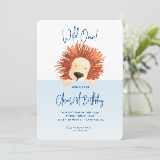 Leeuw Baby Blauw 1e Verjaardag Kaart (Staand voorkant)