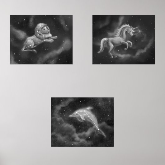 Leeuw, Eenhoorn en Dolfijn Constellaties Muurkunst Sets (Voorkant)