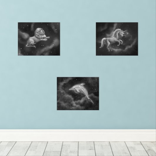 Leeuw, Eenhoorn en Dolfijn Constellaties Muurkunst Sets (Houten vloer)