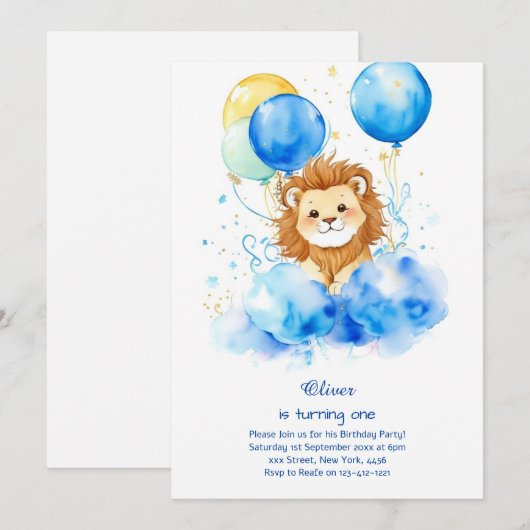 Leeuw eerste verjaardag uitnodiging (Voorkant / Achterkant)