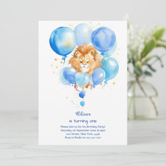 Leeuw eerste verjaardag uitnodiging (Staand voorkant)