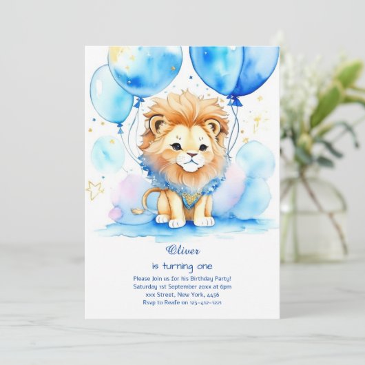 Leeuw eerste verjaardag uitnodiging (Staand voorkant)