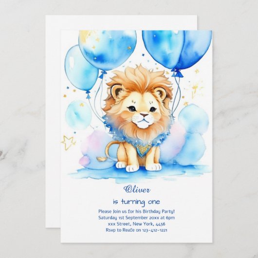 Leeuw eerste verjaardag uitnodiging (Voorkant / Achterkant)