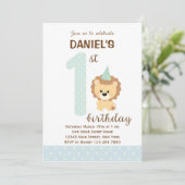 Leeuw eerste verjaardag uitnodiging (blauw) (Staand voorkant)