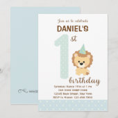 Leeuw eerste verjaardag uitnodiging (blauw) (Voorkant / Achterkant)