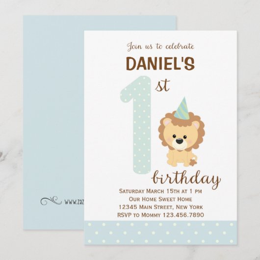 Leeuw eerste verjaardag uitnodiging (blauw) (Voorkant / Achterkant)