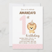 Leeuw eerste verjaardag uitnodiging (roze) (Voorkant)