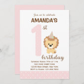 Leeuw eerste verjaardag uitnodiging (roze) (Voorkant / Achterkant)