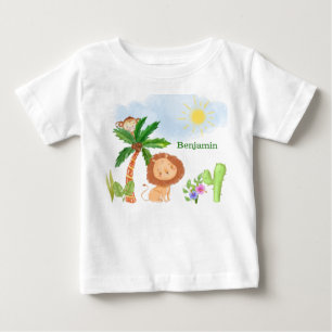 Leeuw en aap in een schattig jungletoneel