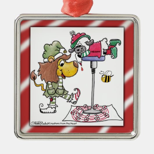Leeuw en Lam Candy Cane Makers Metalen Ornament (Voorkant)