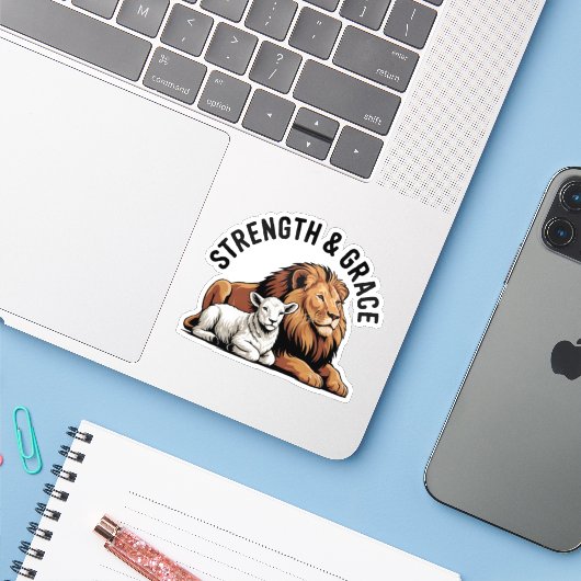 Leeuw en Lam Inspirerend Sticker (Laptop met iPhone)