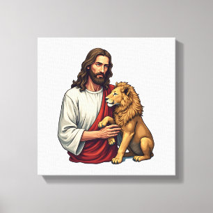 Leeuw En Lam Jezus Gegraveerd Trui 2 Canvas Afdruk