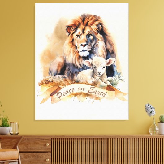 Leeuw en Lam Kerstbord Canvas Afdruk (Insitu (Woonkamer))