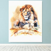 Leeuw en Lam Kerstbord Canvas Afdruk (Insitu (Houten vloer))