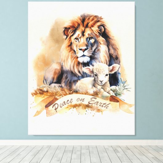 Leeuw en Lam Kerstbord Canvas Afdruk (Insitu (Houten vloer))