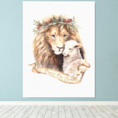 Leeuw en Lam Kerstbord Canvas Afdruk (Insitu (Houten vloer))