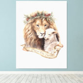 Leeuw en Lam Kerstbord Canvas Afdruk (Insitu (Houten vloer))