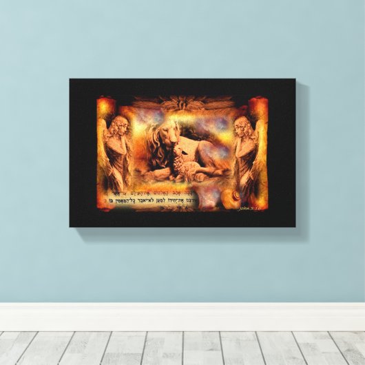 Leeuw en Lam Met Engelen Canvas Muur Kunst Bijbel (Insitu (Houten vloer))