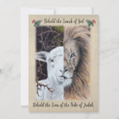 Leeuw en Lam voorzijde met foto en groet achterzij Feestdagenkaart (Voorkant)