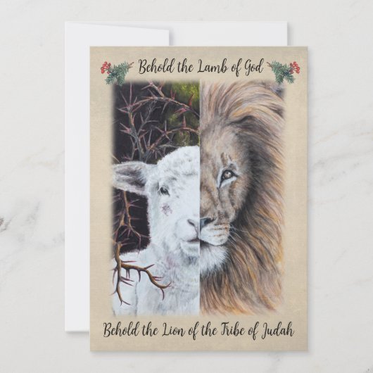 Leeuw en Lam voorzijde met foto en groet achterzij Feestdagenkaart (Voorkant)