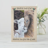 Leeuw en Lam voorzijde met foto en groet achterzij Feestdagenkaart (Staand voorkant)
