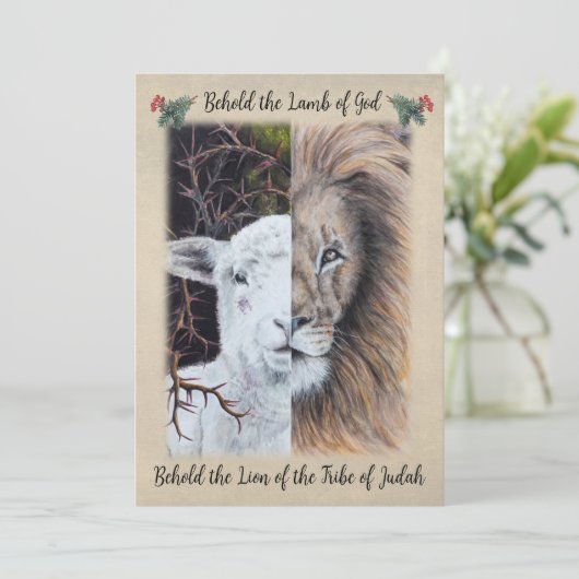 Leeuw en Lam voorzijde met foto en groet achterzij Feestdagenkaart (Staand voorkant)