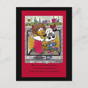 Leeuw en lam wachten op de kerstman feestdagenkaart